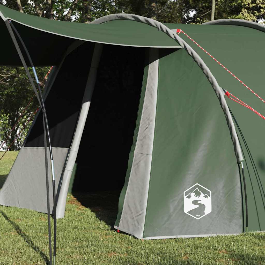 Detail van de ingang van de vidaXL Tunnel Tent in groen met grijze accenten.