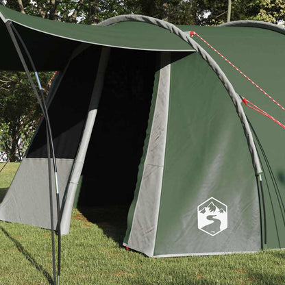 Detail van de ingang van de vidaXL Tunnel Tent in groen met grijze accenten.
