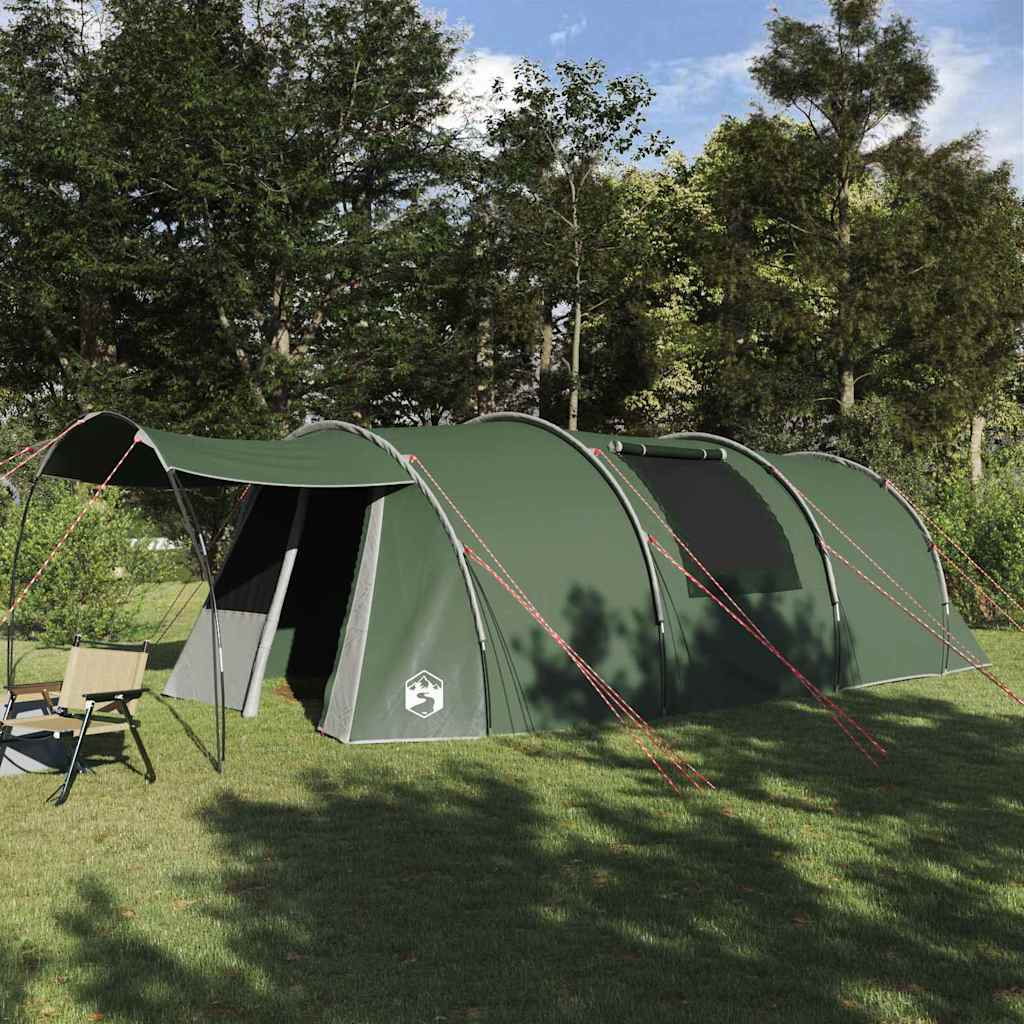 vidaXL Tunnel Tent 4-Person in groen en wit, ruime tent met ventilatieroosters en stevige palen.