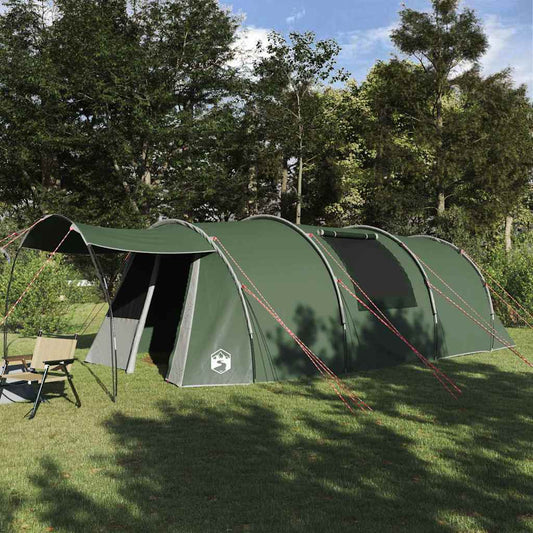 vidaXL Tunnel Tent 4-Person in groen en wit, ruime tent met ventilatieroosters en stevige palen.