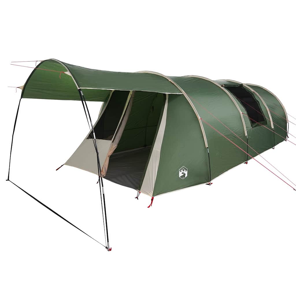 Zijaanzicht van de vidaXL Tunnel Tent in groen met een ruime ingang en ventilatieroosters.