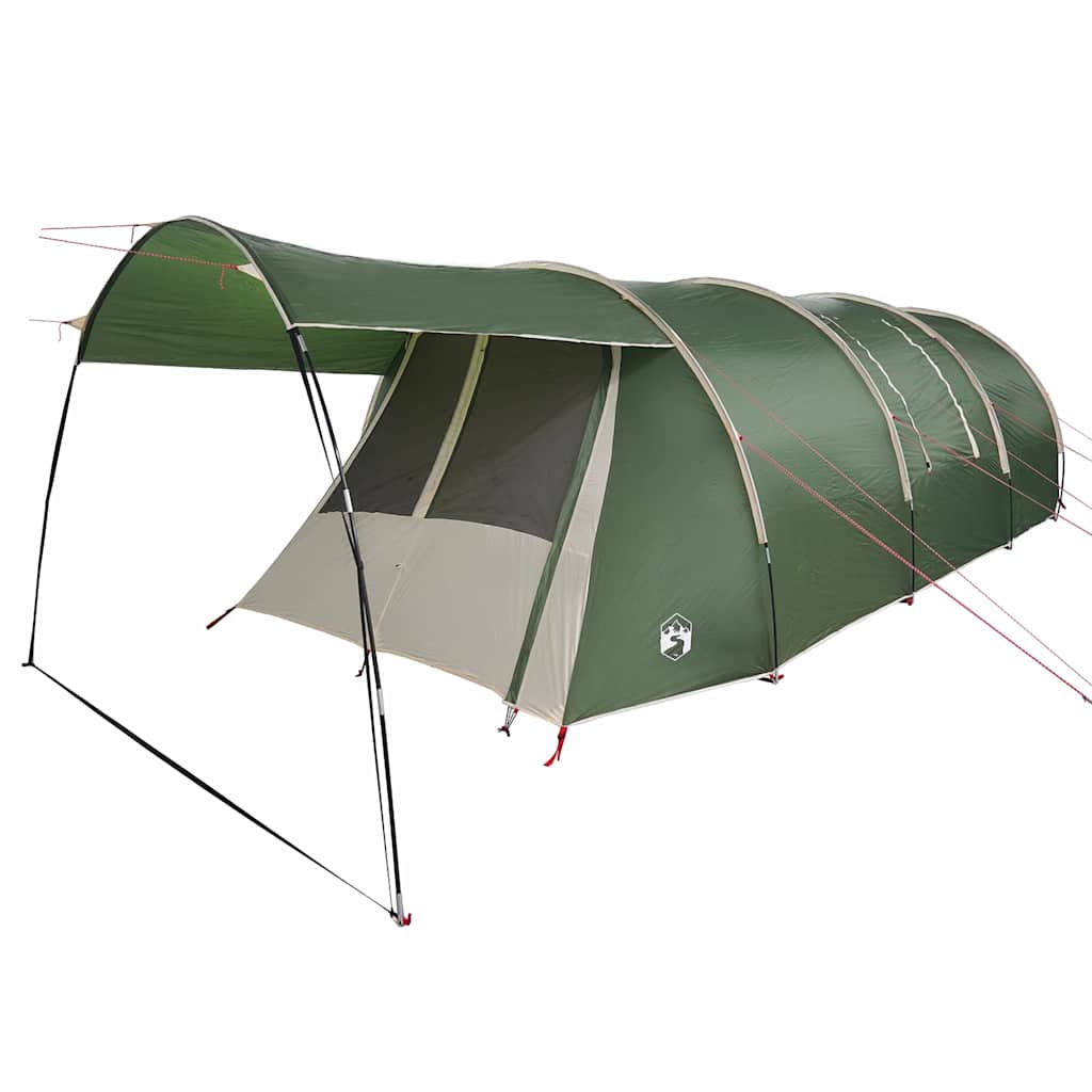Detail van de vidaXL Tunnel Tent in groen en wit, met open ingang en stevige palen.