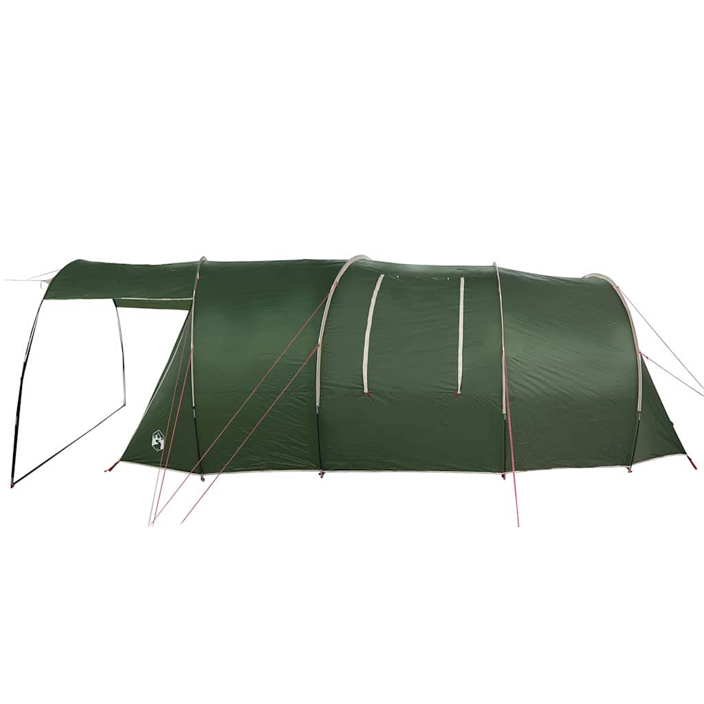 Zijaanzicht van de vidaXL Tunnel Tent in groen, met ruime opzet en stevige palen.