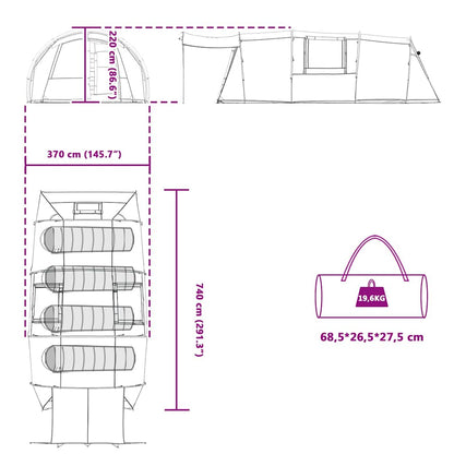 Detailtekening van de vidaXL Tunnel Tent met afmetingen en opbergzak.