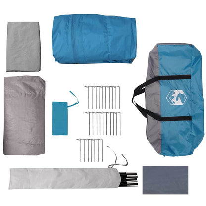 Detail van de blauwe en grijze tentaccessoires, inclusief haringen en opbergtas van vidaXL.