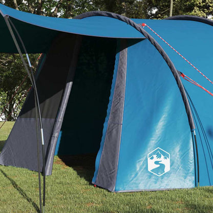 Zijaanzicht van de vidaXL Tunnel Tent in blauw met grijze details en ingangen.