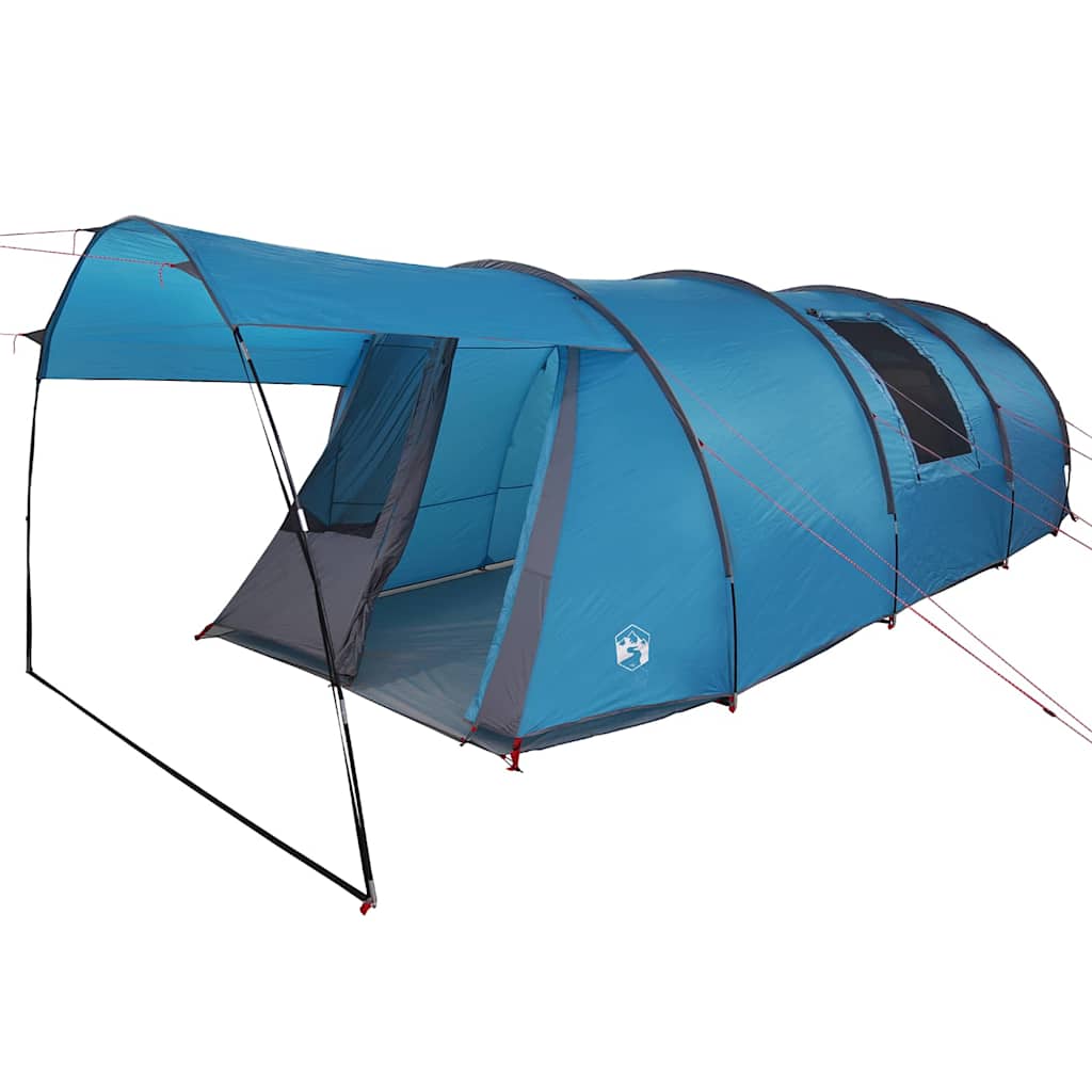 Zijaanzicht van de vidaXL Tunnel Tent in blauw met grijze details en open ingang.