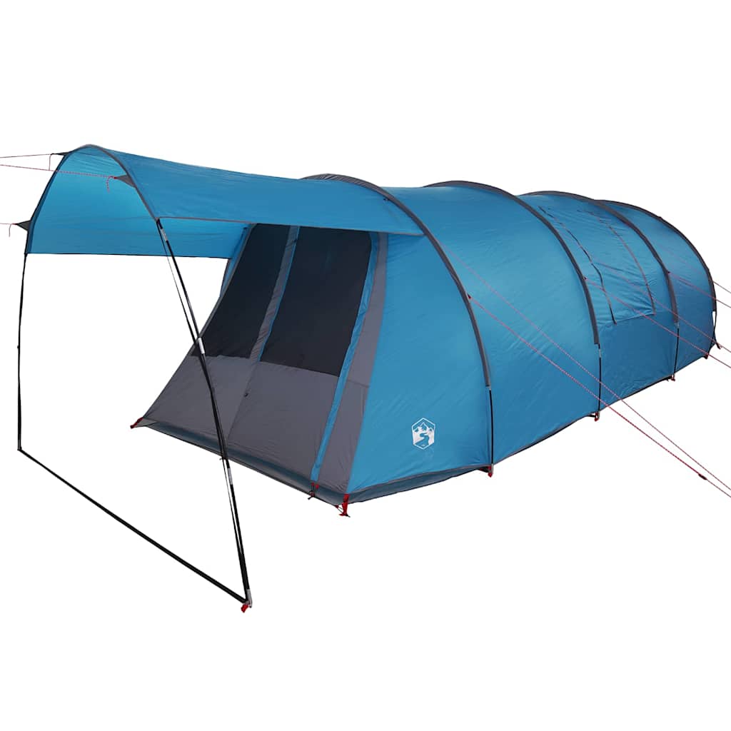 Zijaanzicht van de vidaXL Tunnel Tent in blauw met grijs, met voortent en ventilatie.
