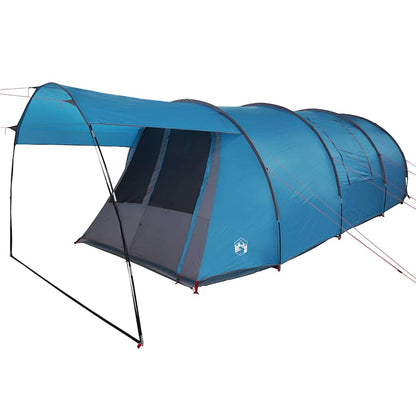 Zijaanzicht van de vidaXL Tunnel Tent in blauw met grijs, met voortent en ventilatie.
