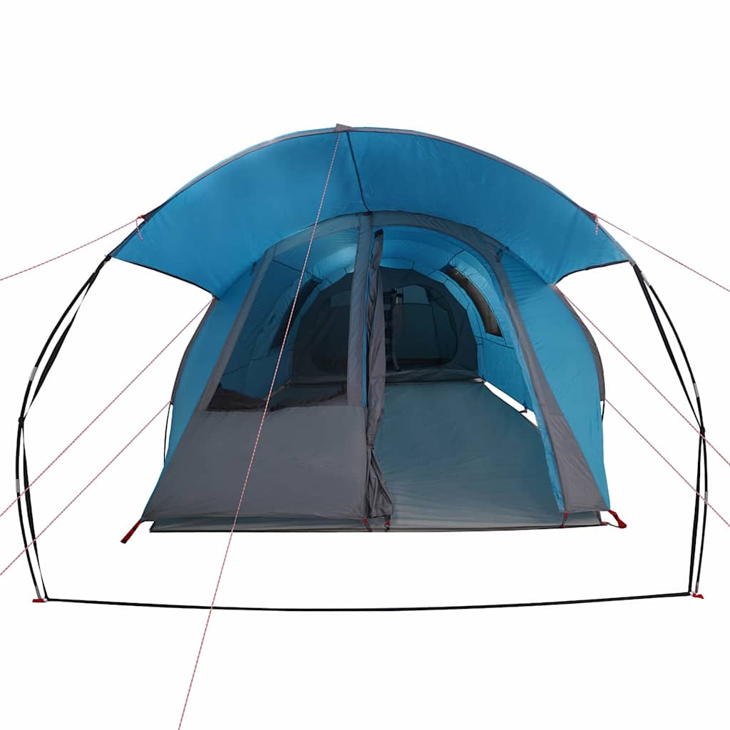 Zijaanzicht van de vidaXL Tunnel Tent in blauw en grijs met open ingang.