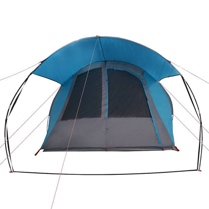 Detail van de vidaXL Tunnel Tent met blauwe en grijze kleuren, zijaanzicht van de ingang.