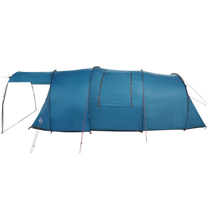 Zijaanzicht van de vidaXL Tunnel Tent in blauw met grijze details en ventilatierooster.