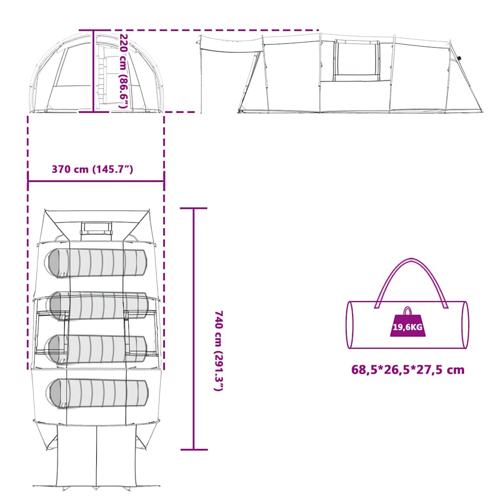Detailtekening van de vidaXL Tunnel Tent met afmetingen en indeling voor vier personen.