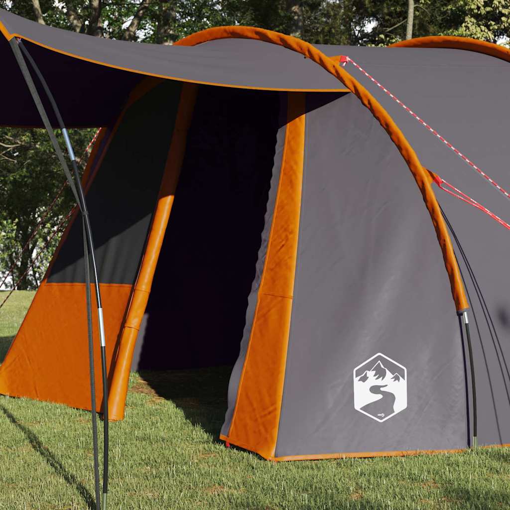 Detail van de grijze en oranje vidaXL Tunnel Tent met ingangen en luifel.
