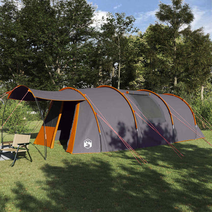 vidaXL Tunnel Tent 4-Person in grijs en oranje, zijaanzicht met luifel en tentstokken.