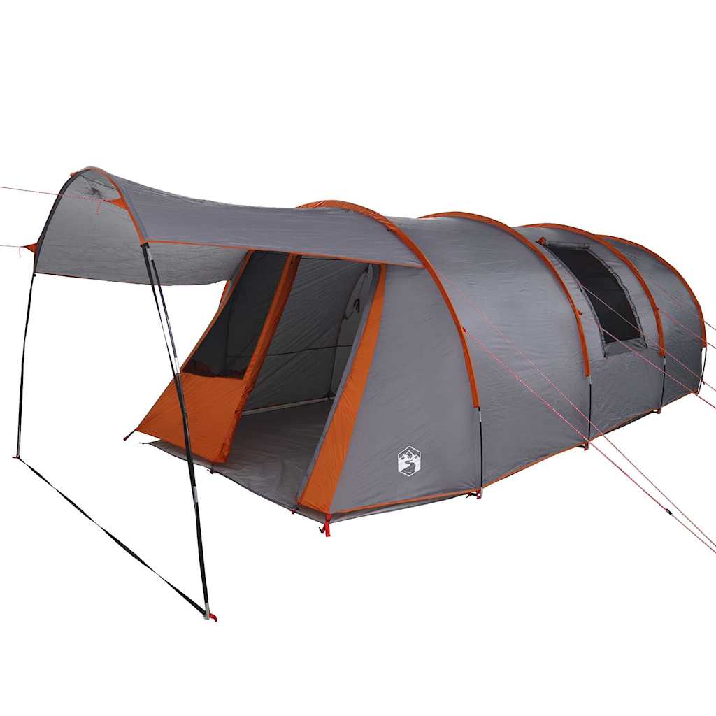 Detail van de vidaXL Tunnel Tent in grijs en oranje, met een ruime ingang en dak.