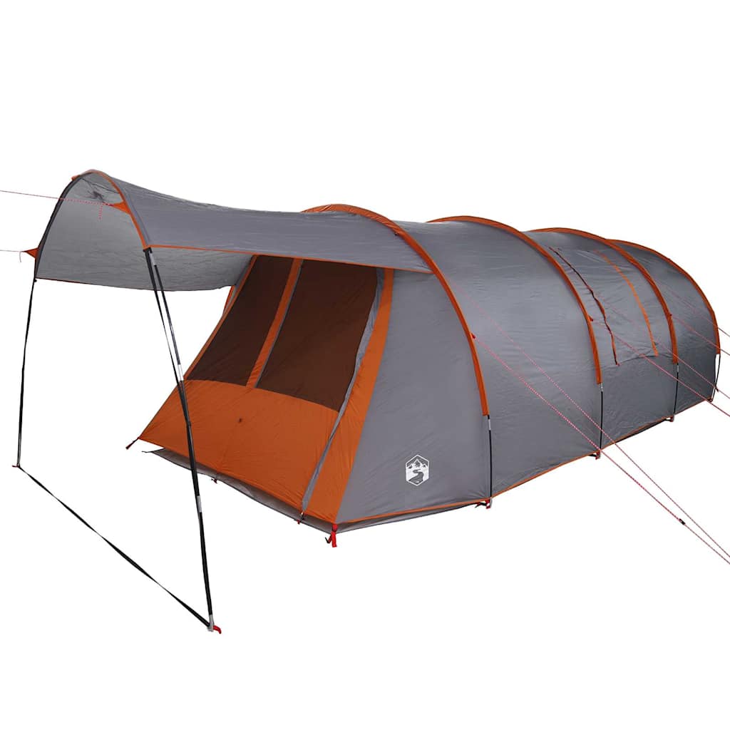 Detail van de vidaXL Tunnel Tent in grijs en oranje met een ruime voortent.