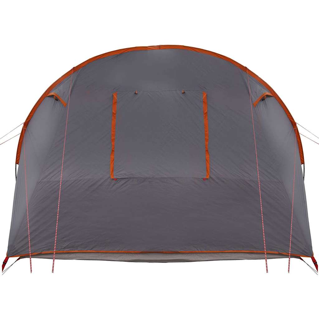 Detail van de grijze vidaXL Tunnel Tent met oranje accenten en een venster.