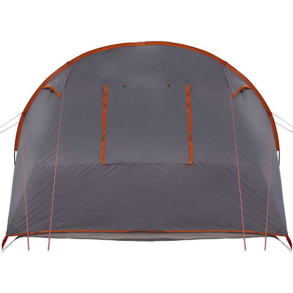 Detail van de grijze vidaXL Tunnel Tent met oranje accenten en een venster.