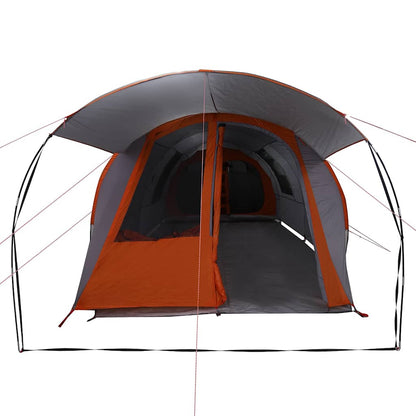 Zijaanzicht van de vidaXL Tunnel Tent in grijs en oranje met open ingangen.