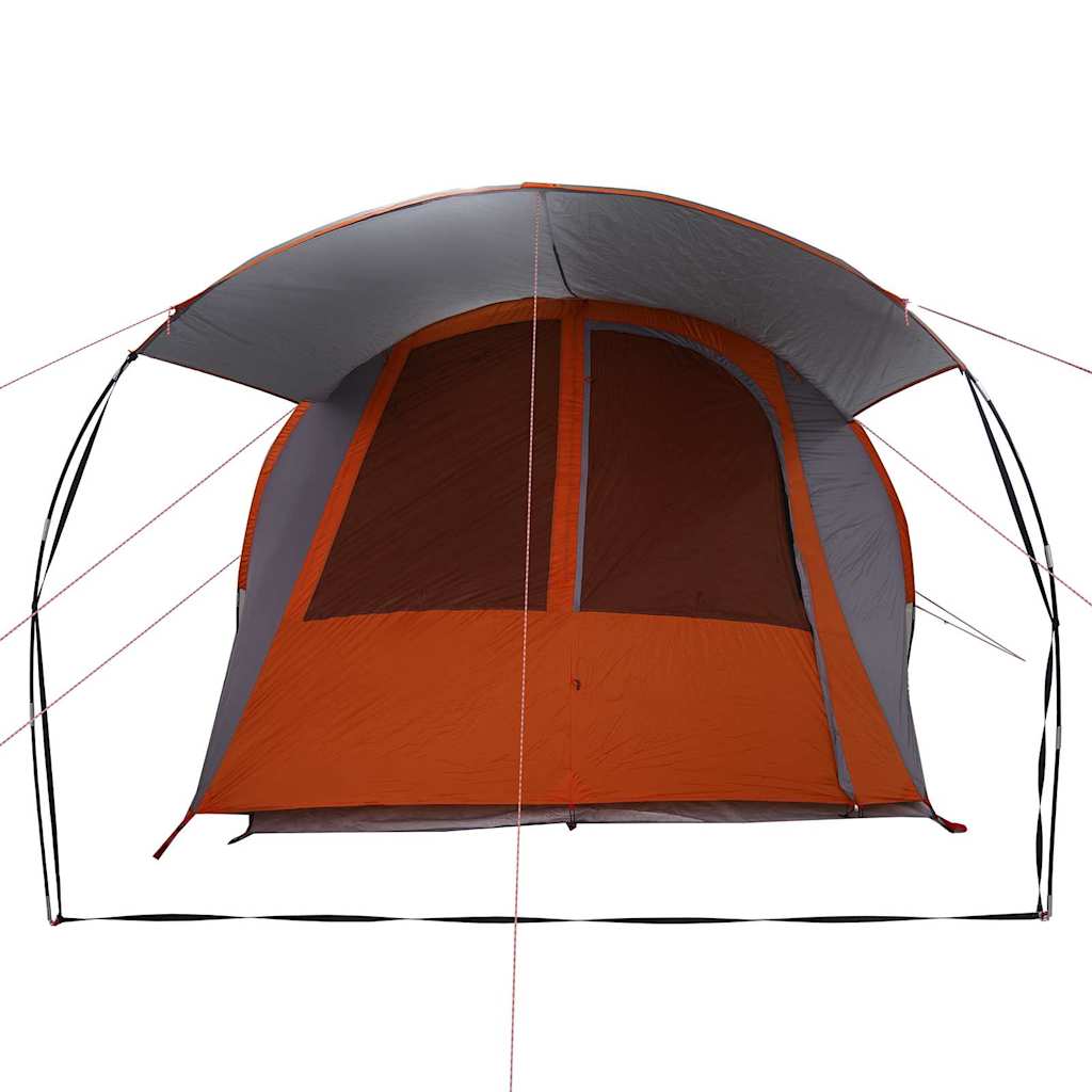 Detail van de grijze en oranje vidaXL Tunnel Tent met ventilatieroosters en dak.