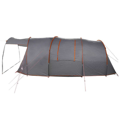 Detail van de vidaXL Tunnel Tent in grijs met oranje accenten, zijaanzicht.