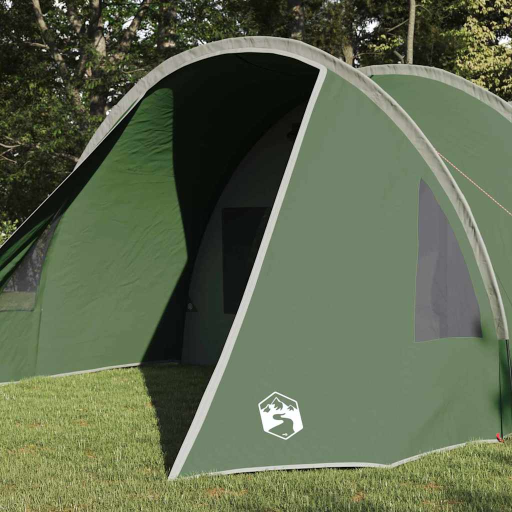 Detail van de groene vidaXL Tunnel Tent met een zijaanzicht en ventilatierooster.