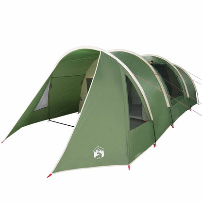 Zijaanzicht van de vidaXL Tunnel Tent in groen met witte accenten.