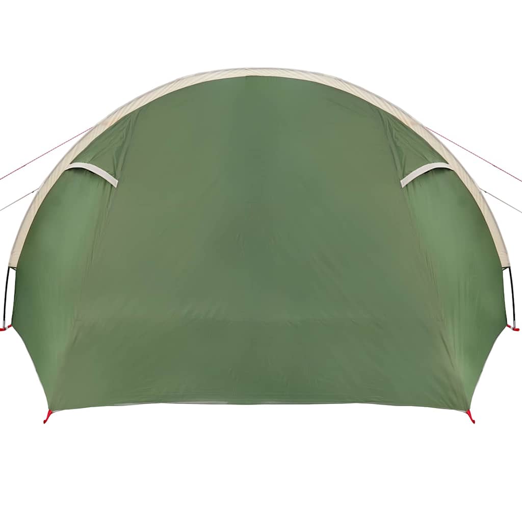 Detail van de groene en witte vidaXL Tunnel Tent, zijaanzicht van de voorkant.