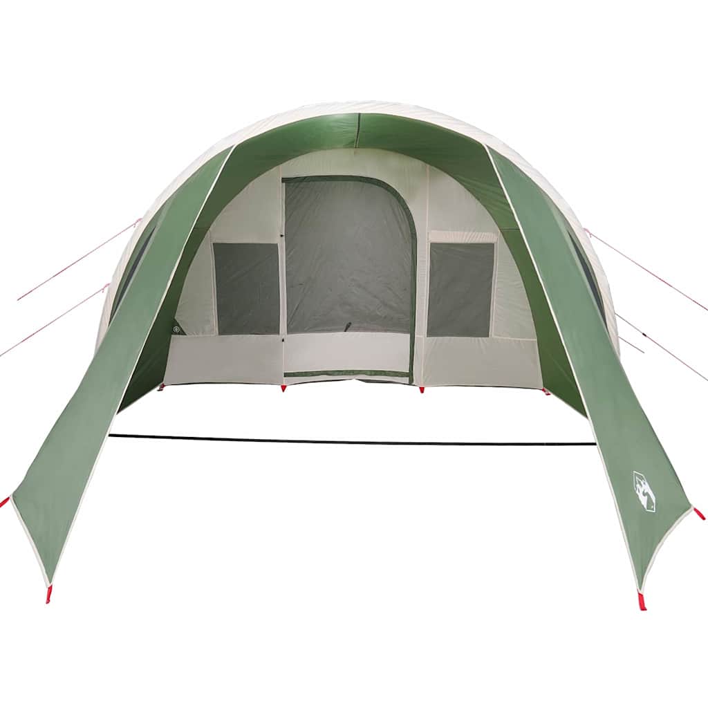Zijaanzicht van de vidaXL Tunnel Tent in groen en wit met open ingangen.