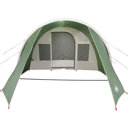 Zijaanzicht van de vidaXL Tunnel Tent in groen en wit met open ingangen.