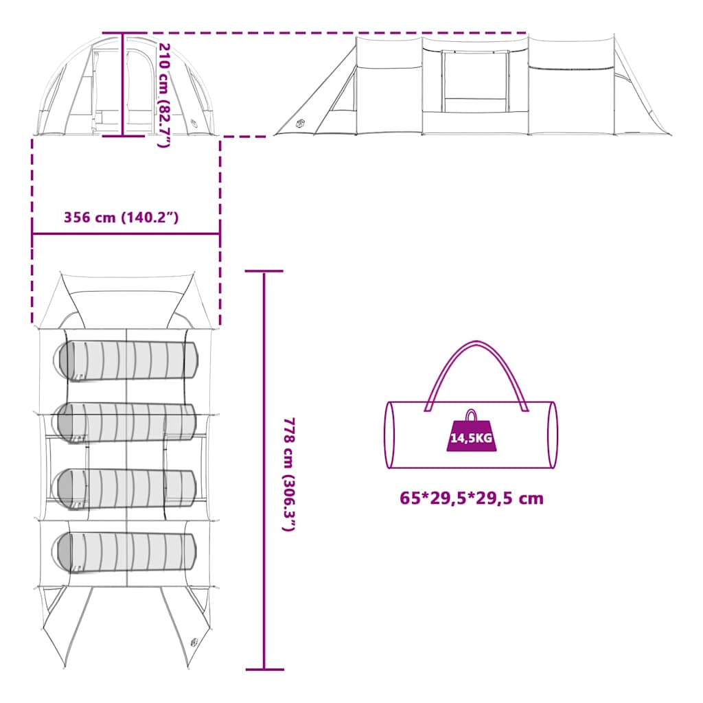 Detailtekening van de vidaXL Tunnel Tent met afmetingen en draagtas.