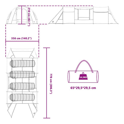 Detailtekening van de vidaXL Tunnel Tent met afmetingen en draagtas.