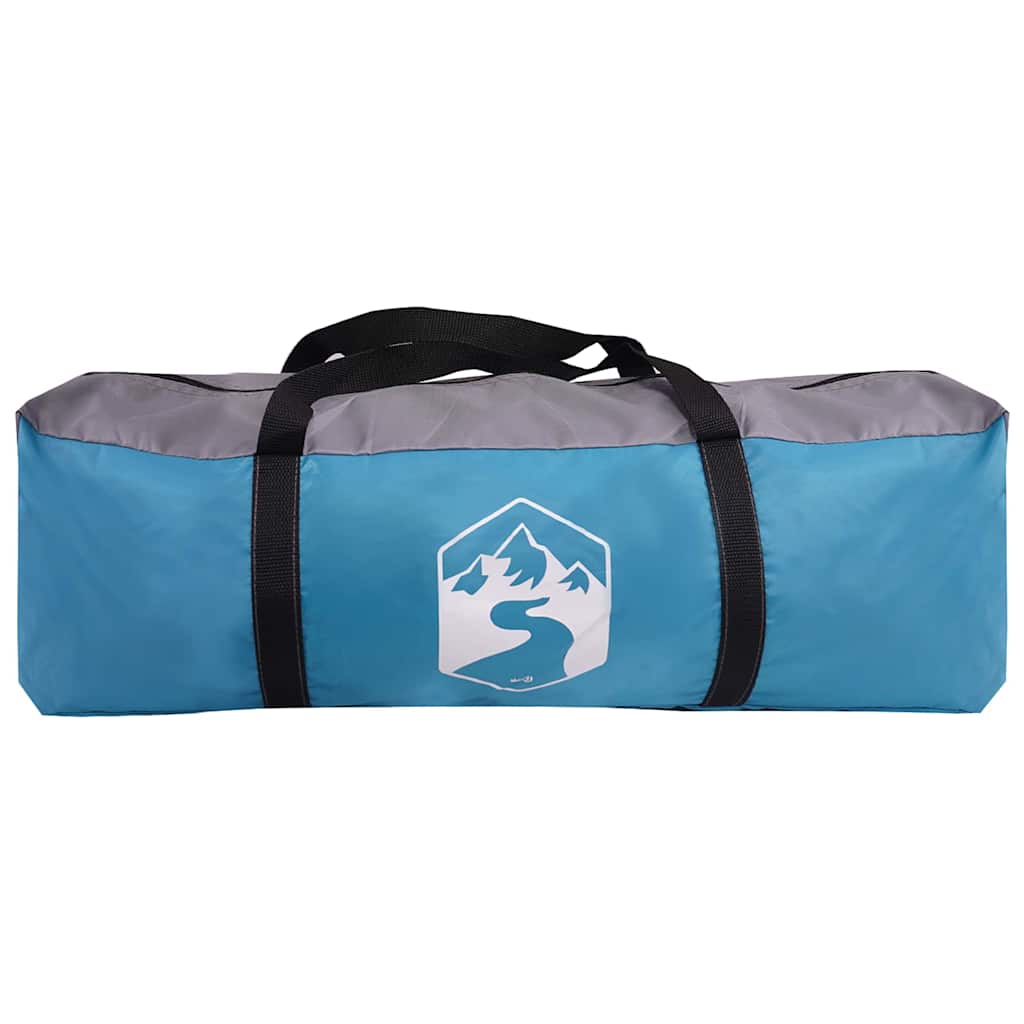 Blauwe vidaXL Tunnel Tent met grijze details, ingepakt in een draagtas.