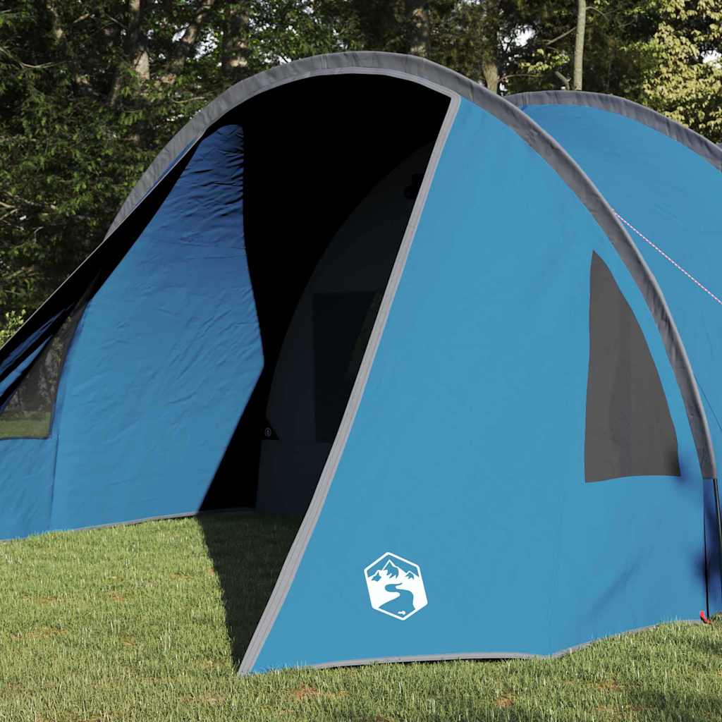 Zijaanzicht van de vidaXL Tunnel Tent in blauw met grijze accenten en ventilatieopeningen.