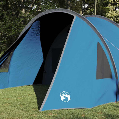 Zijaanzicht van de vidaXL Tunnel Tent in blauw met grijze accenten en ventilatieopeningen.