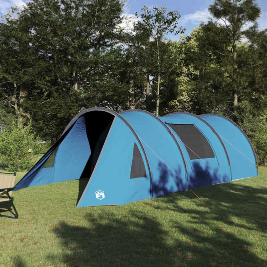 Blauwe vidaXL Tunnel Tent voor vier personen, ruime en waterdichte constructie in de natuur.