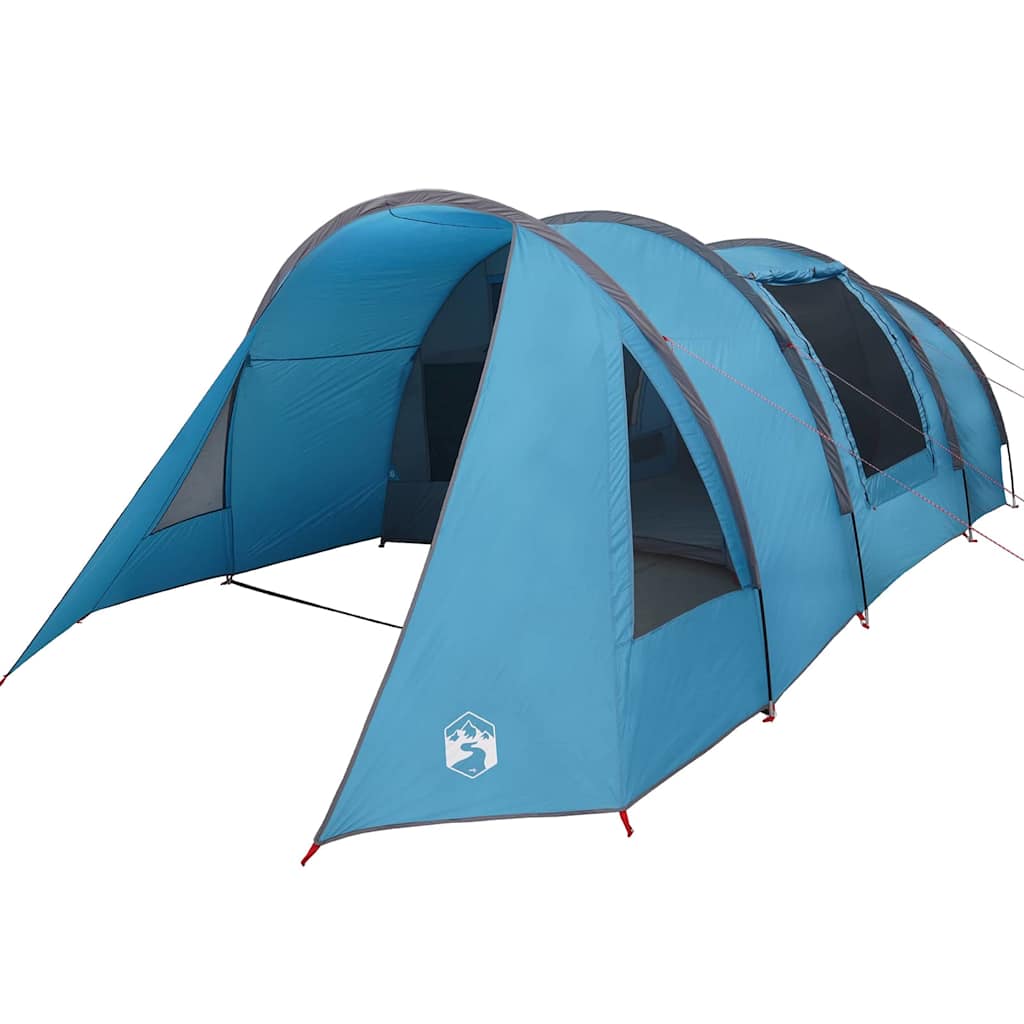 Zijaanzicht van de vidaXL Tunnel Tent in blauw en grijs, met ventilatieopeningen.