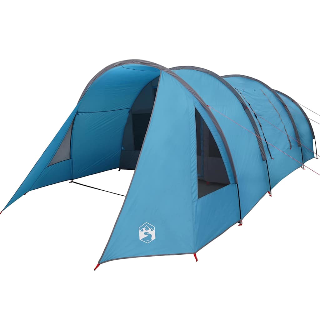 Detail van de vidaXL Tunnel Tent in blauw met grijze accenten, zijaanzicht met openingen.