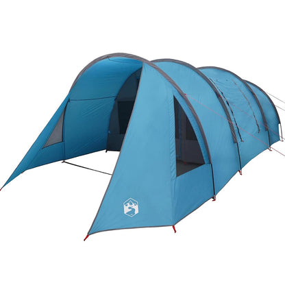 Detail van de vidaXL Tunnel Tent in blauw met grijze accenten, zijaanzicht met openingen.