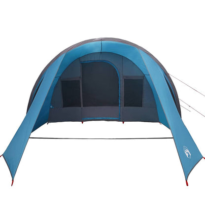 Detail van de vidaXL Tunnel Tent in blauw en grijs, met zijaanzicht en ingangen.