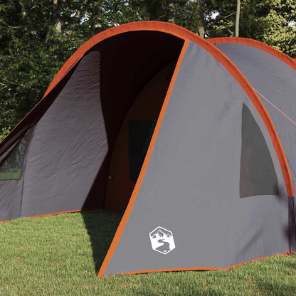 Detail van de vidaXL Tunnel Tent in grijs en oranje, zijaanzicht met ingang en ventilatie.