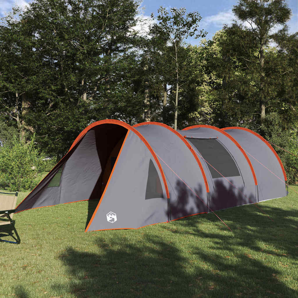 VidaXL Tunnel Tent 4-Person in grijs met oranje details, zijaanzicht in de natuur.