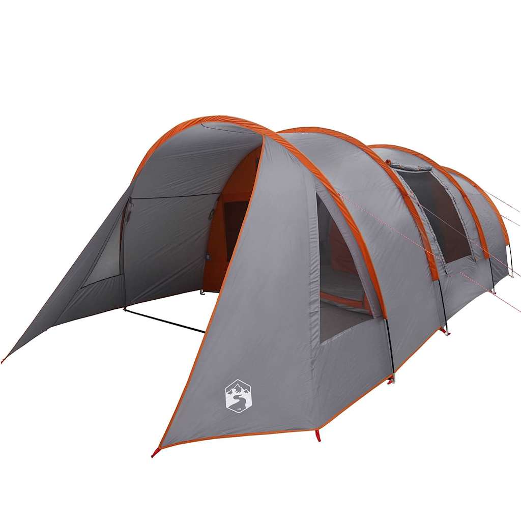 Zijaanzicht van de vidaXL Tunnel Tent in grijs met oranje accenten.