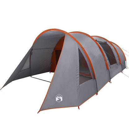Zijaanzicht van de vidaXL Tunnel Tent in grijs met oranje accenten.