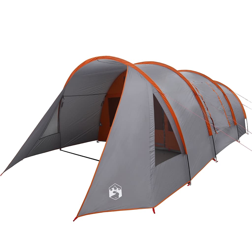 Zijaanzicht van de vidaXL Tunnel Tent in grijs en oranje met ruime ingang.