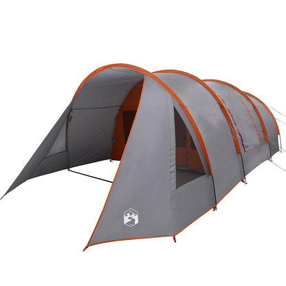 Zijaanzicht van de vidaXL Tunnel Tent in grijs en oranje met ruime ingang.