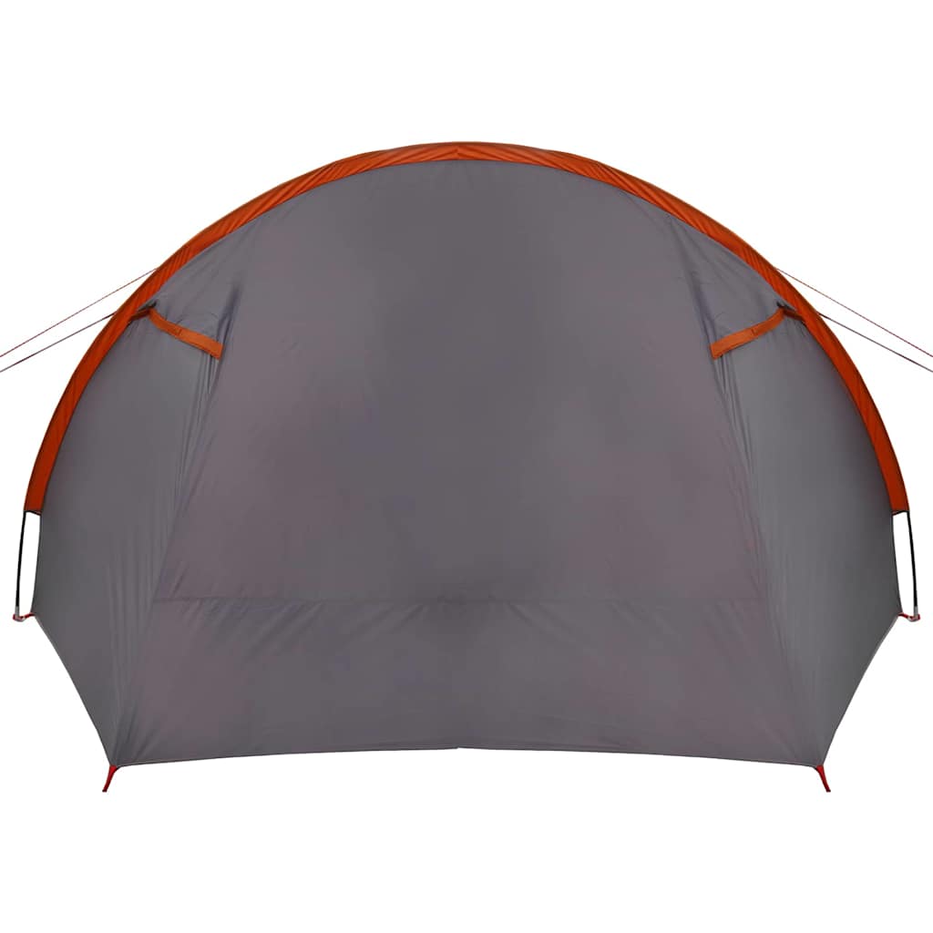Detail van de grijze vidaXL Tunnel Tent met oranje accenten, zijaanzicht van de ingang.