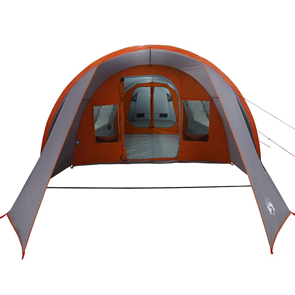 Detail van de vidaXL Tunnel Tent in grijs en oranje, met ruime ingangen en ventilatieroosters.
