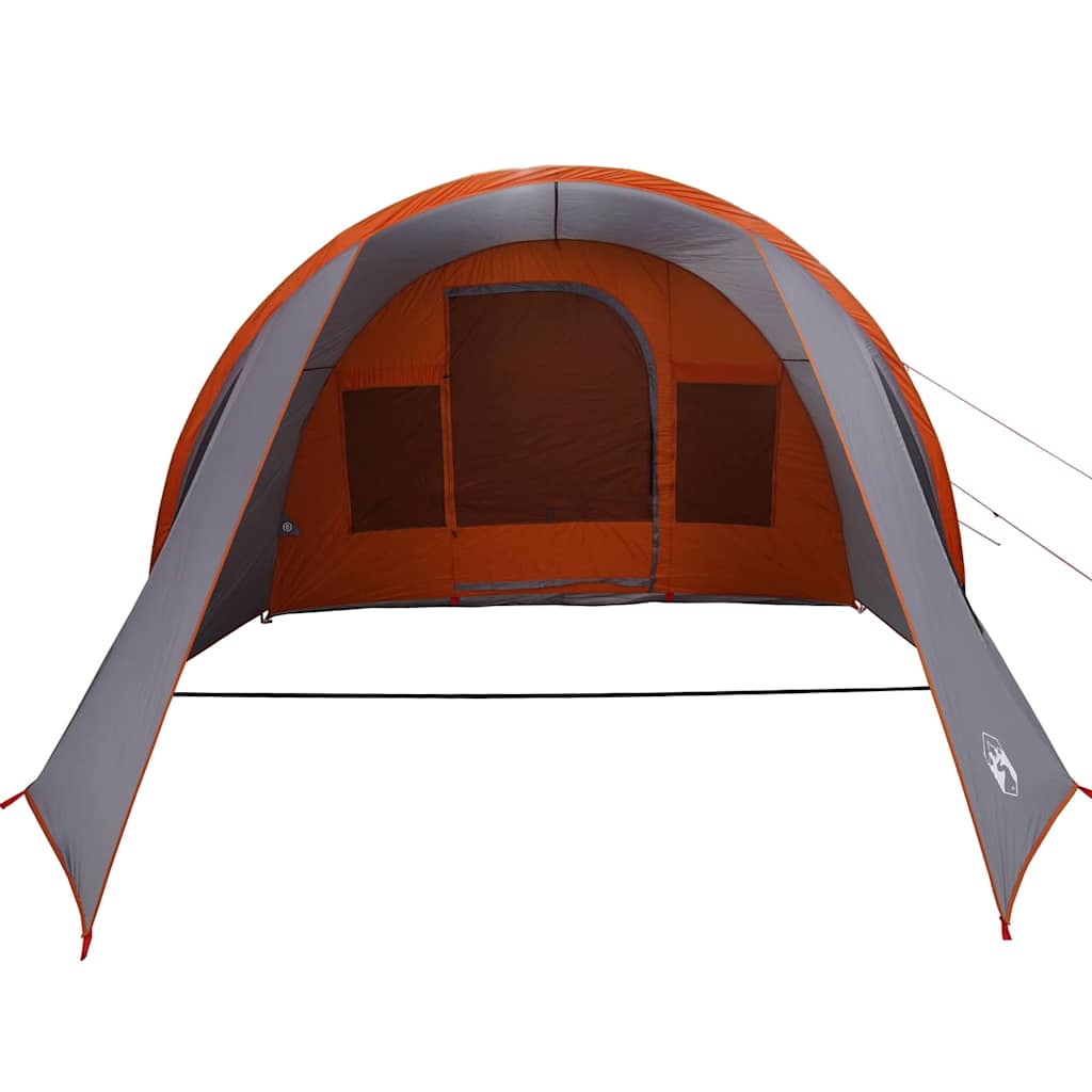 Zijaanzicht van de vidaXL Tunnel Tent 4-Person in grijs en oranje met open ingang.